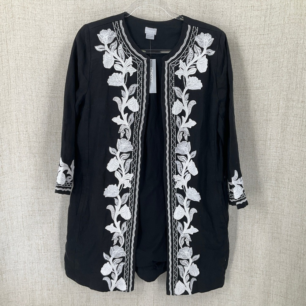 Chico's Novelty Topper Women XL Black Linen Floral Embroidered Jacket NEW